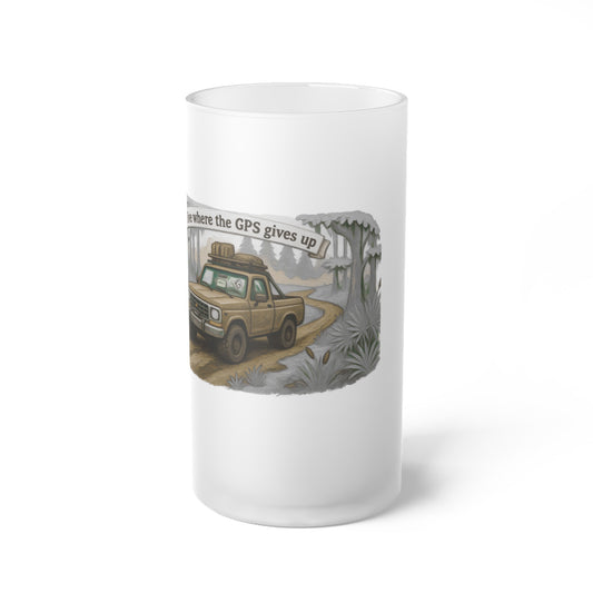 Frosted Glass Beer Mug – "Where the GPS Gives Up" Off-Road Adventure Design